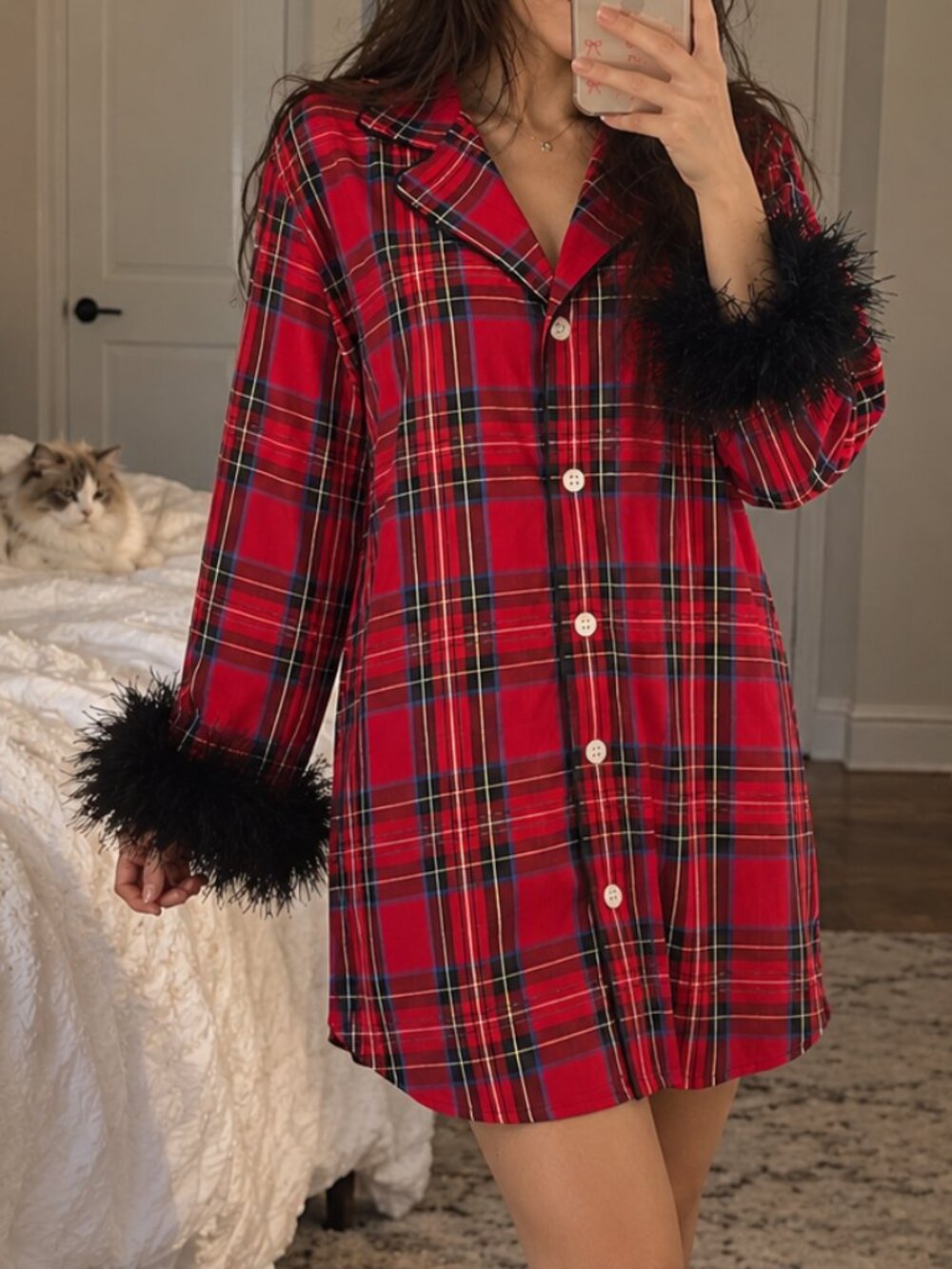 TOSS Designs Nightshirt L XL Red Plaid  Feather Cuff Sleepshirt NWT Holiday